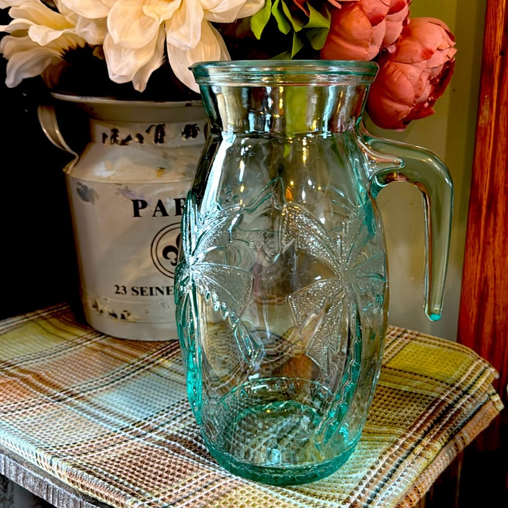 Green Glass Carafe Pitcher Italy Italian Palm Trees